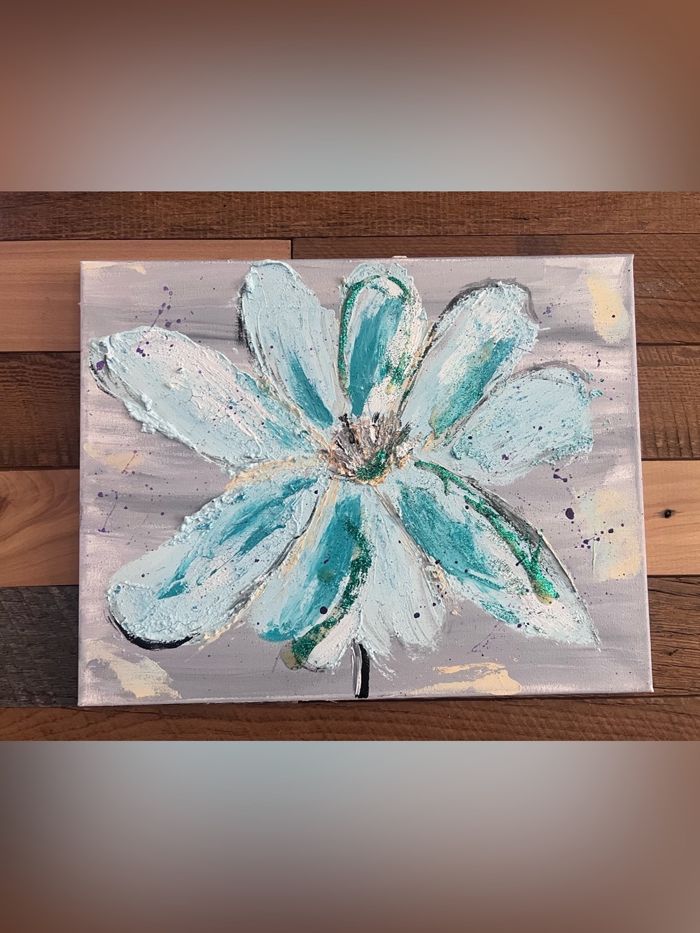 Textured flower Hand-Painted Teal Floral Canvas. 14.5x11.
